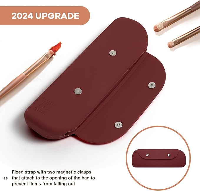 Travel Makeup Brush Holder，Silicone Makeup Brush Holder ，Portable Cosmetic Organiser with Two Upgraded Anti-fall Off Magnetic Clips ， foldable, large capacity -Coffee
