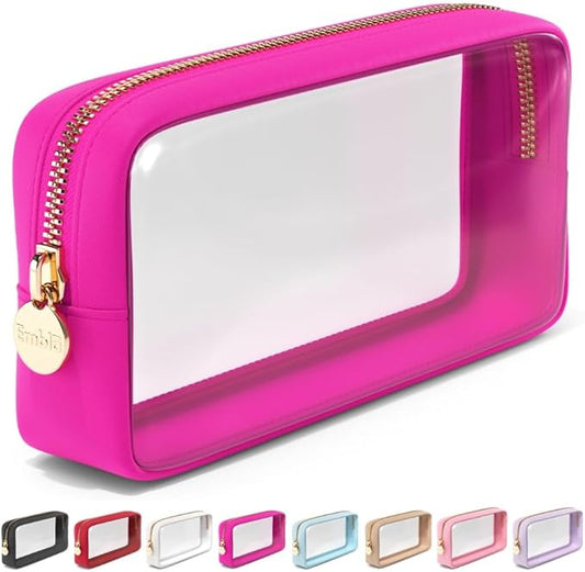 Clear Makeup Bag Zipper Pouch, Transparent Cosmetic Case Organizer, TSA Approved Travel Toiletry Case, Travel Accessories Essentials Makeup Tote for Women, Small Cute Make up Bag for Purse - Fuchsia