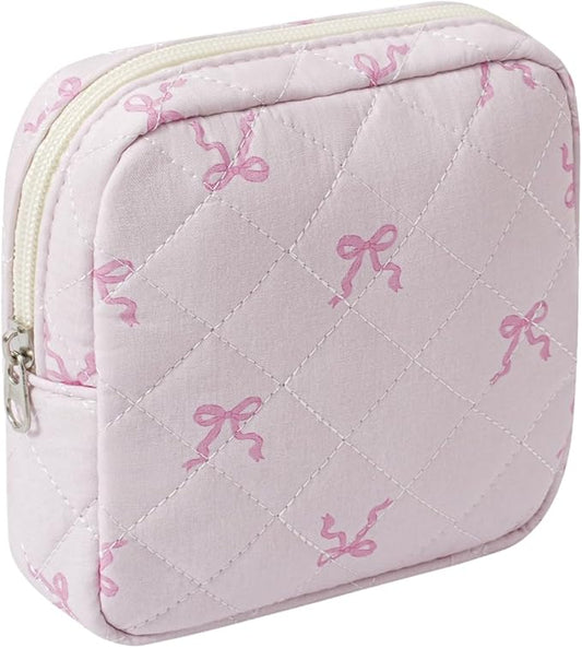Small Quilted Cotton Makeup Bag for Purse, Cosmetic Bag with Compartments, Cotton Aesthetic Makeup Bag, Travel Toiletry Pouch, Lipstick Bag Card Holder Data Cable Organizer (11Small pink bow)