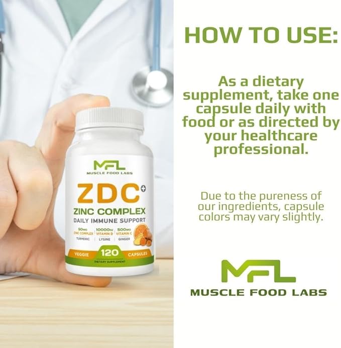 | Z D C Plus | Vitamin C, 500mg | Vitamin D3, | Zinc, | Turmeric | Ginger | Lysine | Non-GMO & Gluten Free | Veggie Caps | 120 Servings