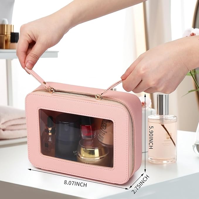 Clear Makeup Bag Transparent Travel Case for Cosmetics and Toiletries Women's Brush Bag and Clear Car Bag with Zipper (Pink, M+)