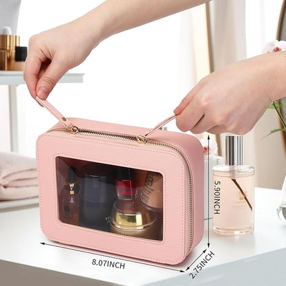 Clear Makeup Bag Transparent Travel Case for Cosmetics and Toiletries Women's Brush Bag and Clear Car Bag with Zipper (Pink, M+)
