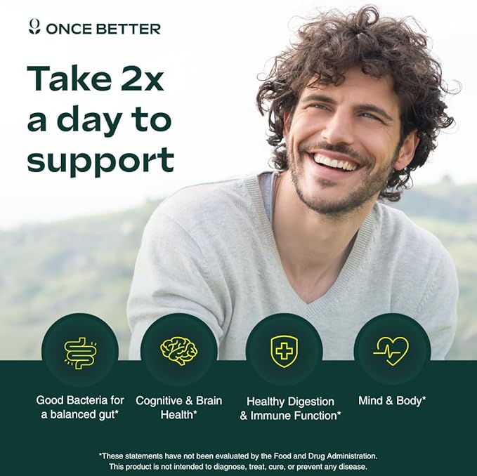 Once Better™️ Stress & Gut Support Supplement – Ashwagandha KSM-66®, L-Theanine, Magnesium Glycinate, Probiotics & Inulin for Digestive Health & Stress Relief – 60 Capsules - Men & Women