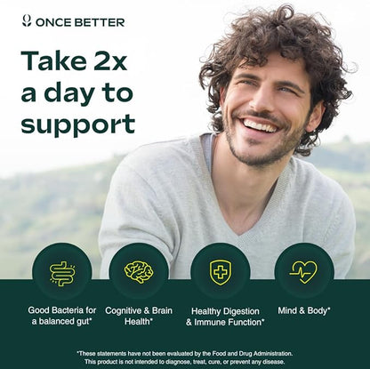 Once Better™️ Stress & Gut Support Supplement – Ashwagandha KSM-66®, L-Theanine, Magnesium Glycinate, Probiotics & Inulin for Digestive Health & Stress Relief – 60 Capsules - Men & Women