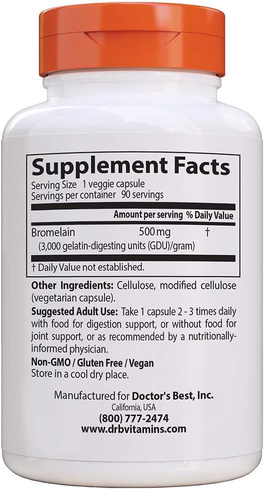 Doctor's Best 3000 GDU Bromelain Proteolytic Digestive Enzymes Supplements, Supports Healthy Digestion, Joint Health, Nutrient Absorption, 500 mg,Capsule, 90 Count(Pack of 1)