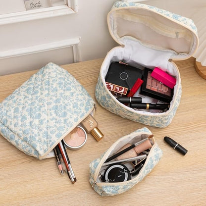FITINI 2 Pcs Makeup Bag Large Cosmetic Bags Portable Travel Toiletry Case Organizer Cute Small Brushes Storage Pouch with Zipper for Women Purse,Quilting Blue Flower