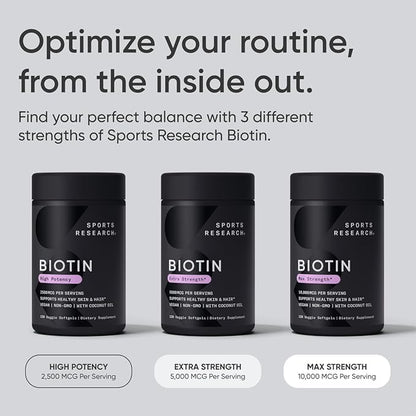 Sports Research Vegan Biotin 10,000mcg with Organic Coconut Oil - Max Strength Biotin Vitamin B7 for Healthier Hair & Skin and Keratin Support - Non-GMO & Gluten Free, 30 Softgels