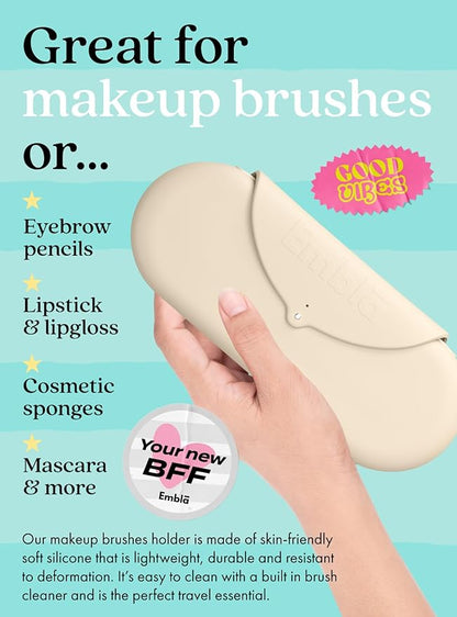 Embla Makeup Brush Holder Travel Cosmetic Case Pouch, Soft Silicone Cosmetic Bag Make Up Brushes Holder with Secure Snap Closure, Travel Makeup Brush Case, Champagne