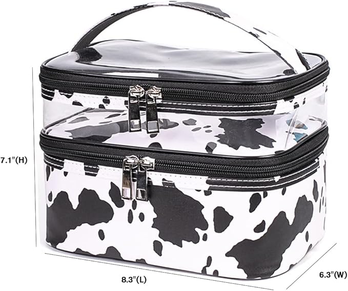 FITINI 3 Pieces Makeup Bags Double Layer Travel Large White Cows Cosmetic Cases Organizer Toiletry Bags Waterproof Small Zipper Pouch for Women Makeup Brush Storage Bag