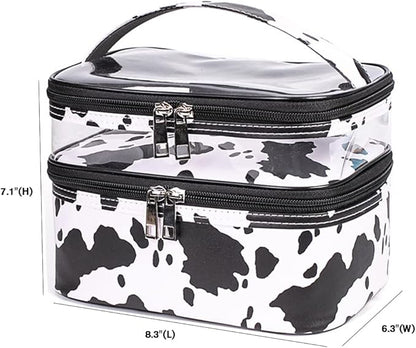 FITINI 3 Pieces Makeup Bags Double Layer Travel Large White Cows Cosmetic Cases Organizer Toiletry Bags Waterproof Small Zipper Pouch for Women Makeup Brush Storage Bag