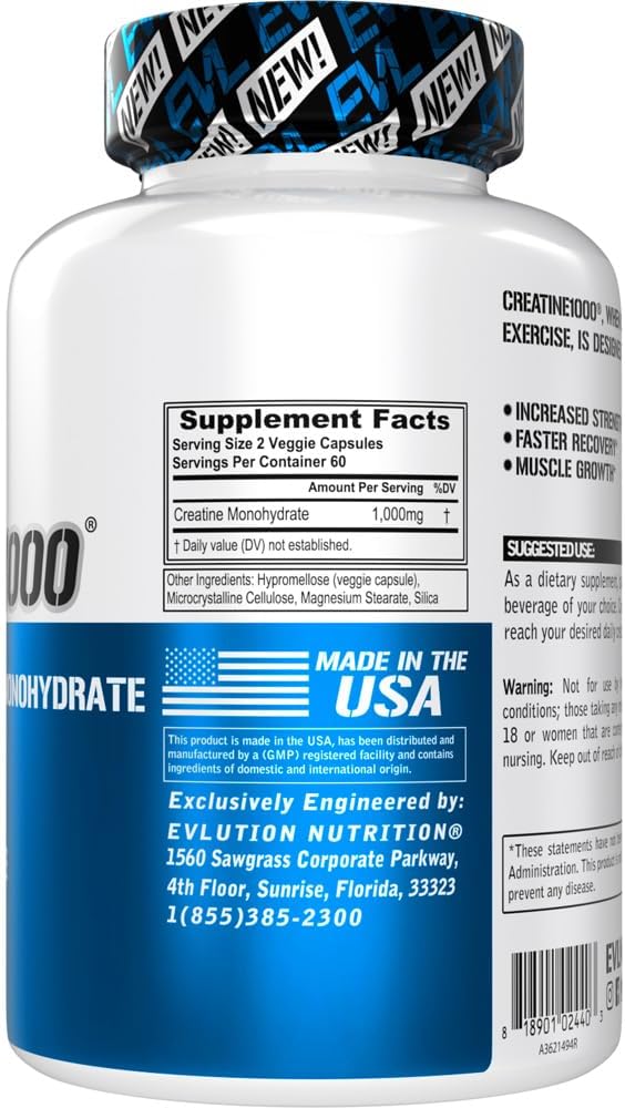 Evlution Pure Creatine Monohydrate Capsules 1000mg Nutrition Pre and Post Workout Recovery Vegan Creatine Pills for Muscle Gains and Muscle Recovery Supplement - Creatine Muscle Builder for Men