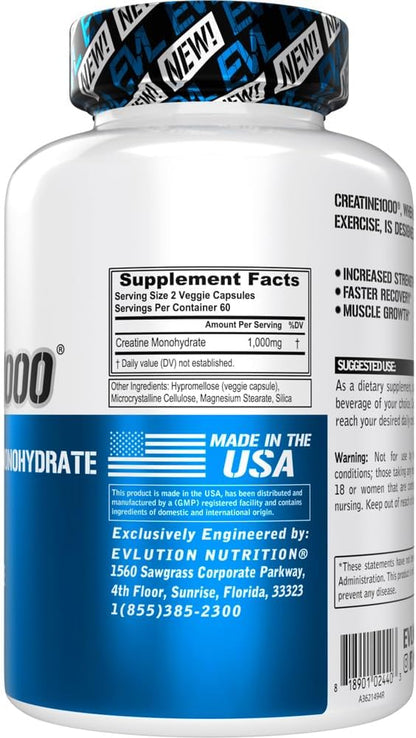 Evlution Pure Creatine Monohydrate Capsules 1000mg Nutrition Pre and Post Workout Recovery Vegan Creatine Pills for Muscle Gains and Muscle Recovery Supplement - Creatine Muscle Builder for Men