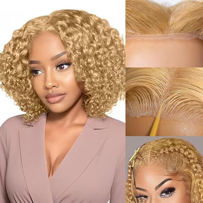 FABA Glueless Wigs Human Hair Pre Plucked Pre Cut Bob Blonde Curly Wig 9x6 Wear And Go Honey Blonde Deep Wave Closure Wig 180% Density Short Curly 14 Inch