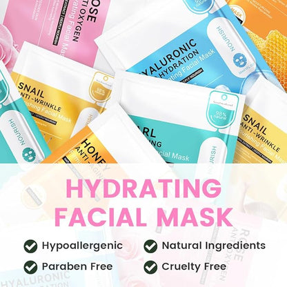8 Pack Rose Face Mask,Pink Face Masks Spa Day kit Supplies for Teens Girls Women,Sheet Facial Mask Skincare for Kids Gifts Set,Hydrate Nourish Soothe for All Skin Types,Spa Party Favors