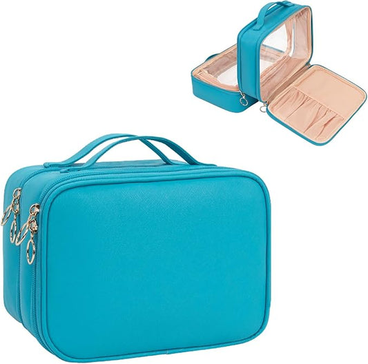 OCHEAL Makeup Bag, Double Layer Cosmetic Bag, Large Capacity New Look Clear Cosmetic Case for Women Travel Beauty Essentials, Multiple Compartments Makeup Case Organizer Zipper Pouch -Blue