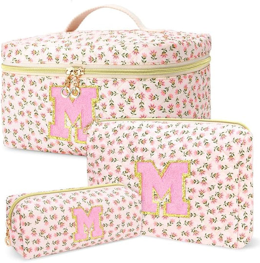 3 PCS Travel Makeup Bag Set, A-Z Initials Cotton Make up Bag Floral Quilted Cosmetic Bag for Girls and Women, Personalized Cute Toiletry Bag Travel Accessories Brushes Bag Flower - M
