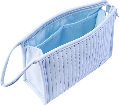 Small Makeup Bag Simple Cosmetic Pouch, Water Resistant PU Striped Leather Portable Travel Toiletry Bag with Handle for Women and Girls (Light Blue)
