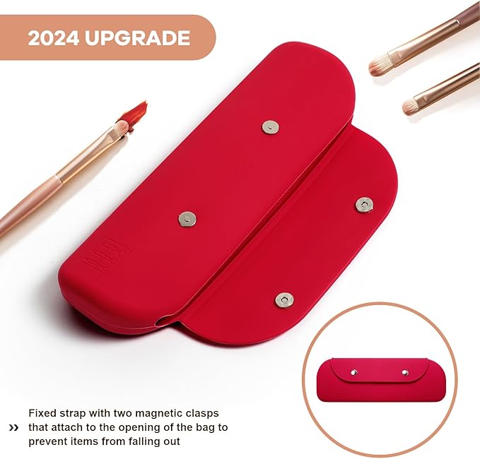 Travel Makeup Brush Holder，Silicone Makeup Brush Holder ，Portable Cosmetic Organiser with Two Upgraded Anti-fall Off Magnetic Clips ， foldable, large capacity-Red