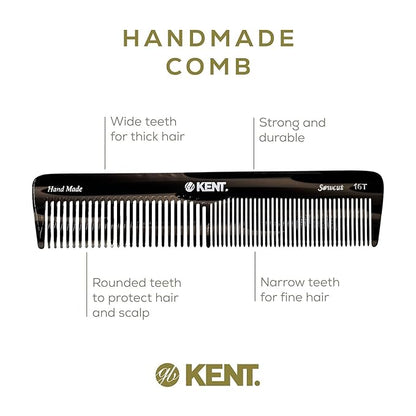 Kent 16T Graphite Fine Tooth and Wide Tooth Comb for Daily Grooming, Handmade Styling Comb for All Hair Types, Styling and Detangling Combs for Men and Women