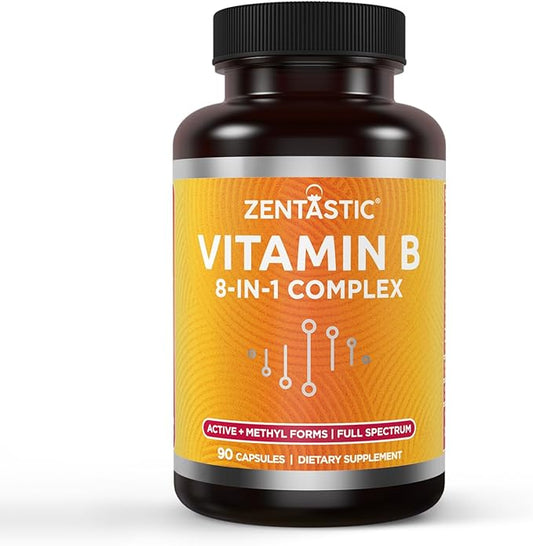 Zentastic Vitamin B-Complex - All B Vitamins with B12, B6, B9 Folic Acid, Choline, Inositol - Active and Methyl Forms - Nervous System, Energy, Metabolism, Immune Support - 90 Vegan Capsules