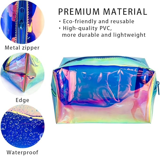 ONEART 2Pack Holographic Cosmetic Bags, Portable Iridescent Makeup Bag, Waterproof Zippered Toiletry Bags for Travel Makeup Brush Holder, Women Organizer Bag Cases