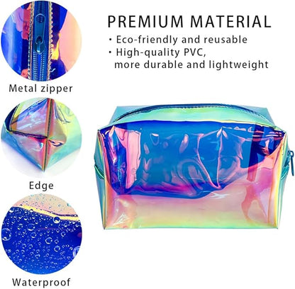 ONEART 2Pack Holographic Cosmetic Bags, Portable Iridescent Makeup Bag, Waterproof Zippered Toiletry Bags for Travel Makeup Brush Holder, Women Organizer Bag Cases