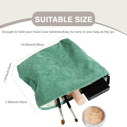 FITINI 2 Pcs Makeup Bag Large Corduroy Cosmetic Bags Portable Travel Toiletry Case Organizer Cute Small Brushes Storage Pouch with Zipper for Women Purse,Green