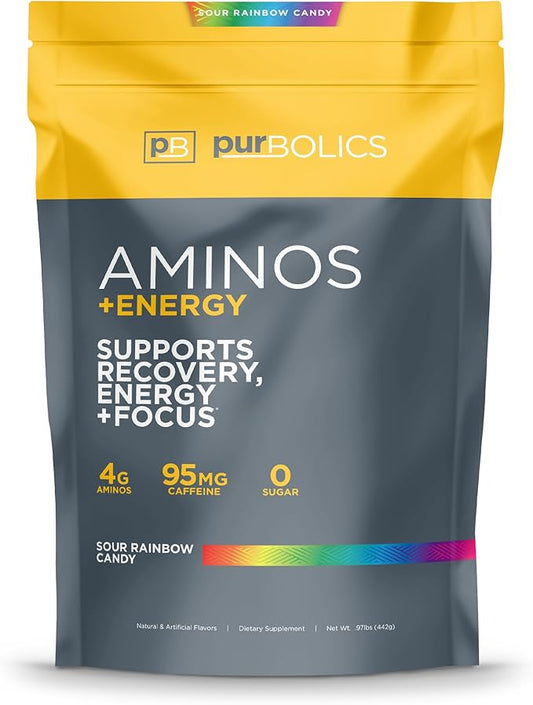 Aminos + Energy | Supports Recovery, Energy & Focus | 95mg of Caffeine, 0 Sugar & 60 Servings (Sour Rainbow Candy)
