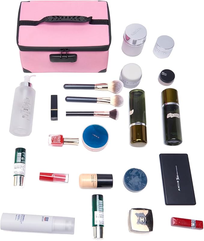 Portable Cosmetic Bag with Lock, Large Capacity Travel Makeup Case Organizer, Waterproof Makeup Bags for Girls Traveling With Handle and Divider Makeup Bag… (Pink)