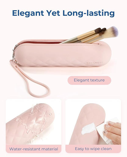 BAGSMART Makeup Brush Holder Bag, Travel Small Makeup Bag for Purse, Make Up Brush Bag Case Cosmetic Bag, Silicone Soft Portable Face Brushes Travel Essentials Organizer Holder, Light Khaki