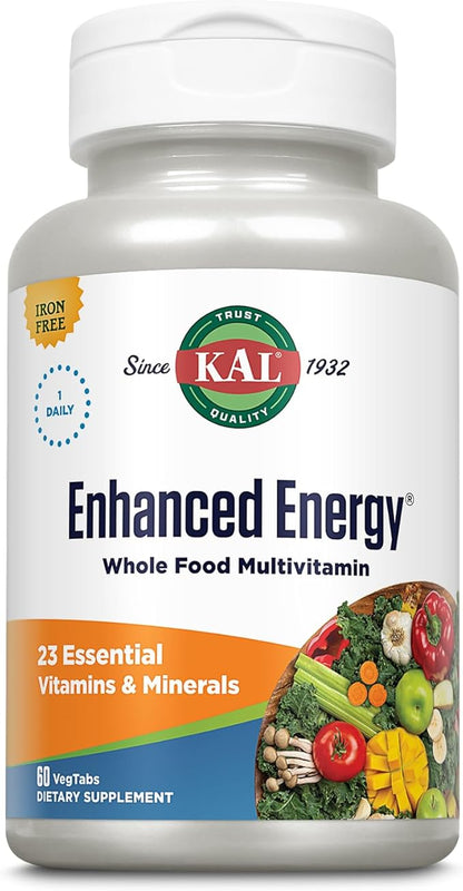 KAL Enhanced Energy Supplements, Once Daily Whole Food Multivitamin for Women and Men, Iron Free, 23 Essential Vitamins, Minerals, Super Foods, Digestive Enzymes, 60-Day Guarantee, 60 Serv, 60 VegTabs