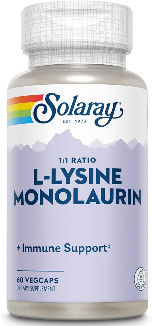 Solaray L-Lysine Monolaurin Immune Support Supplement, 1:1 Ratio for Immune System Function, Skin and Gut Health Support, 500 mg Each, 60-Day Money Back Guarantee, 30 Servings, 60 VegCaps