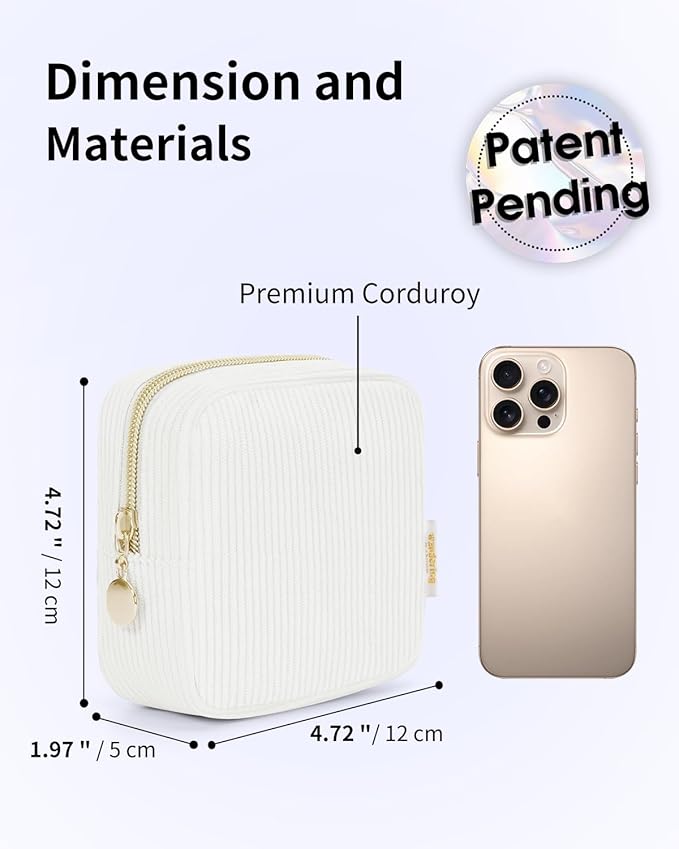 Wandering Nature Small Makeup Bag for Purse Mini Make up Pouch Cute Cosmetic Pouch for Women with Slip-in Pockets Corduroy, Beige