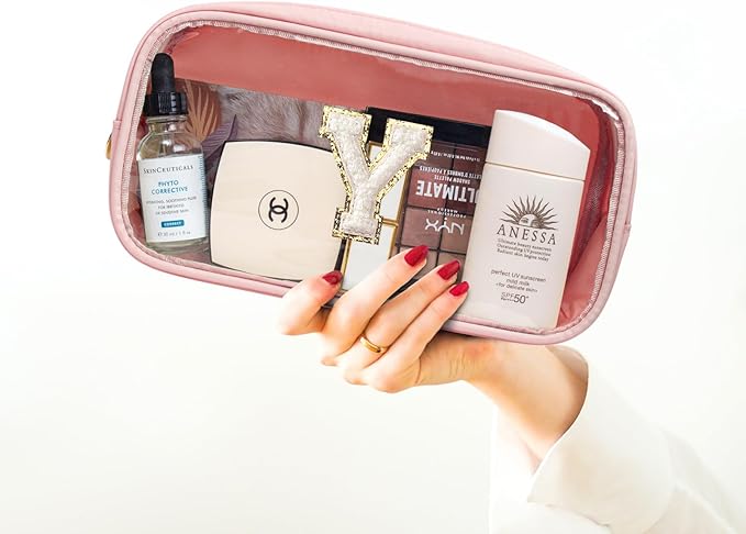 LETGO Initial Make Up Bag Travel Toiletry Organizer - Clear Cosmetic Bag - Pink Gift for Women, Teen, Girlfriend, Teacher, Mom, Birthday (Pink)