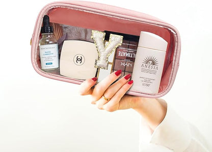 LETGO Initial Make Up Bag Travel Toiletry Organizer - Clear Cosmetic Bag - Pink Gift for Women, Teen, Girlfriend, Teacher, Mom, Birthday (Pink)