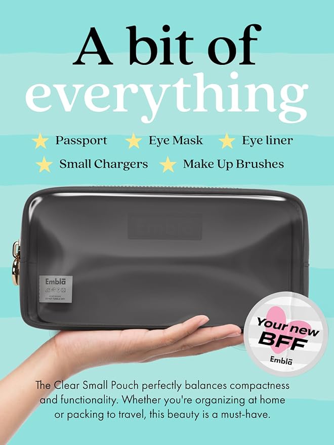 Embla Clear Cosmetic Bag Makeup Case, Clear Zipper Make Up Pouch and Toiletry Travel Tote, Cute Skincare Pouches for Women Girls, Preppy Purse Cosmetic Organizer, Small Makeup Bags, Black