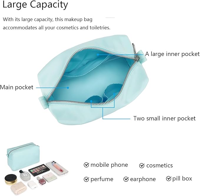 Organizer Bag Lightweight Cosmetic Bag with Ring Clasp Perfect Travel Makeup Bag for Women nylon Stand Up Design (Mint Green/Nylon)