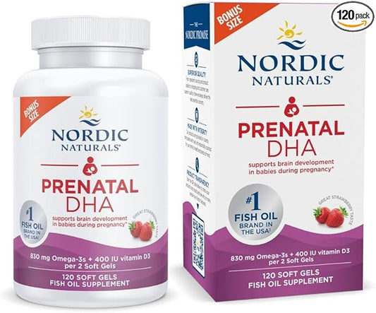 Nordic Naturals Prenatal DHA, Strawberry - 120 Soft Gels - 830 mg Omega-3 + 400 IU Vitamin D3 - Supports Brain Development in Babies During Pregnancy & Lactation - Non-GMO - 60 Servings