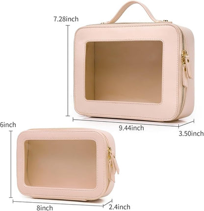 Clear Makeup Bag for Women Waterproof Travel Cosmetics and Toiletries Case Portable Makeup Oaganizer Bag Clear Car Bag with Zipper (Pink, M+L-1)
