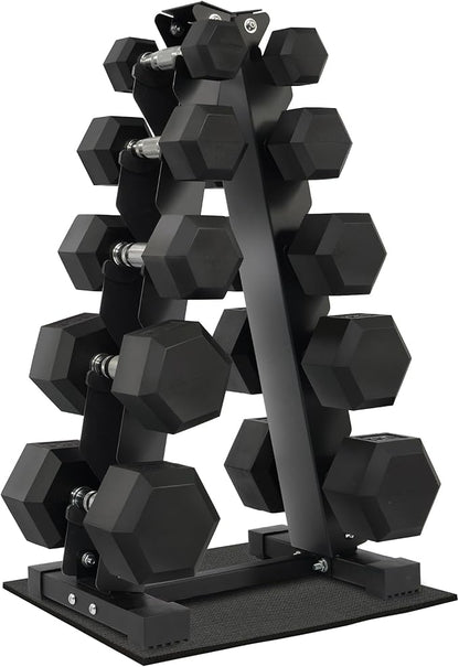 Rubber Coated Hex Dumbbell Weight Set and Storage Rack, 100LB Set or 150LB Set, 5-20 lbs Pairs or 5-25 lbs Pairs