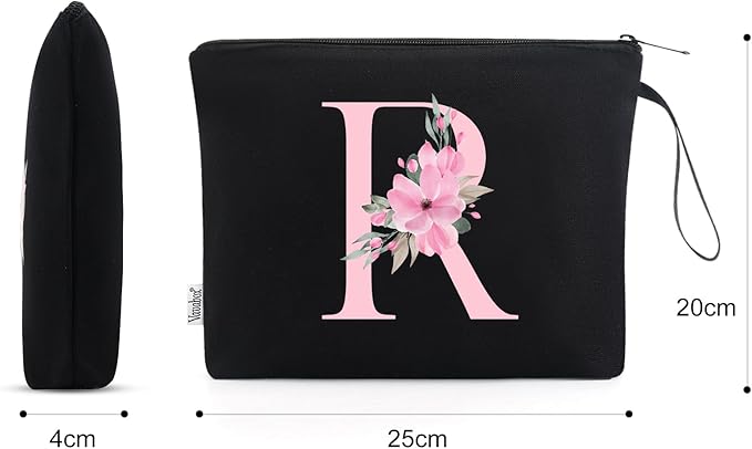 Vavabox A-Z Personalized Makeup Bag, Birthday Gifts for Women Mom, Gifts for Best Friend, Bride Bridesmaid Cosmetic bag (R, Black)