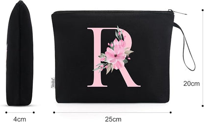 Vavabox A-Z Personalized Makeup Bag, Birthday Gifts for Women Mom, Gifts for Best Friend, Bride Bridesmaid Cosmetic bag (R, Black)