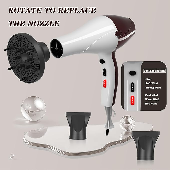 Hair Dryer, Professional Ionic Blow Dryer with Diffuser for Curly Hair,2400W Powerful Fast Drying Hairdryer Blowdryer for Women Men Home Salon Hair Styling,Constant Temp Low Noise