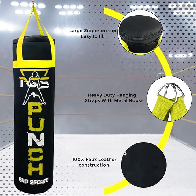 PGS Punching Bag - Hanging Boxing Bag for MMA, Karate, Judo, Muay Thai, Kickboxing, Self Defense Training for Training at Home or Gym or Office - Unfilled Heavy Bag 70 to 100 lbs - Black- UNFILLED