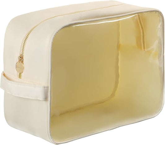 Extra Large Preppy Transparent Makeup Pouch Women Travel Clear TPU and Nylon Cosmetic Pouch (Extral-Large, Beige)