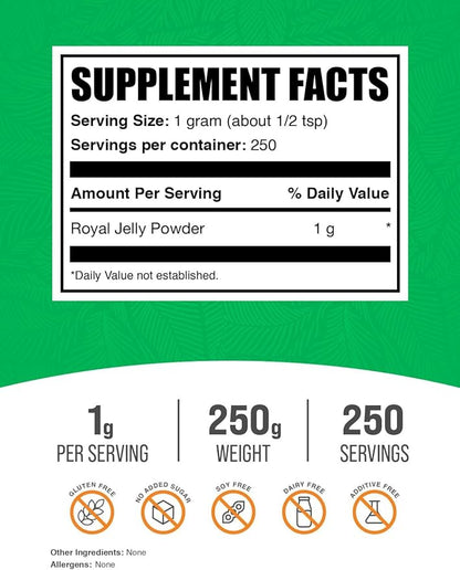 BulkSupplements.com Royal Jelly Powder - Royal Jelly Supplement, Royal Jelly 1000mg - for Immune Support, Gluten Free, 1000mg per Serving, 250g (8.8 oz) (Pack of 1)