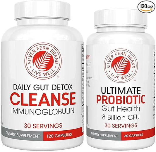 Silver Fern Gut Rehab Kit - 30 Day Supply - Cleanse Daily Detox (1 Bottle = 120 Capsules) & Ultimate Probiotic (1 Bottle = 60 Capsules) - Immunoglobulins & Spore Forming Probiotics