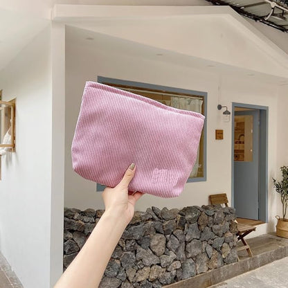 FITINI 2 Pcs Makeup Bag Large Corduroy Cosmetic Bags Portable Travel Toiletry Case Organizer Cute Small Brushes Storage Pouch with Zipper for Women Purse,Pink