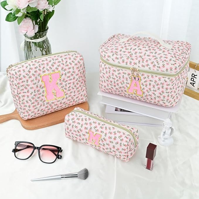 3 PCS Travel Makeup Bag Set, A-Z Initials Cotton Make up Bag Floral Quilted Cosmetic Bag for Girls and Women, Personalized Cute Toiletry Bag Travel Accessories Brushes Bag Yellow - U