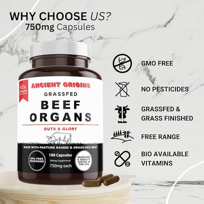 Ancient Origins Grass Fed Beef Organs Supplement 4500mg - Desiccated Liver, Bone Marrow, Heart, Spleen, Pancreas & Kidney, Non-GMO, Gluten Free, Undefatted (180 Capsules, 750mg Each)